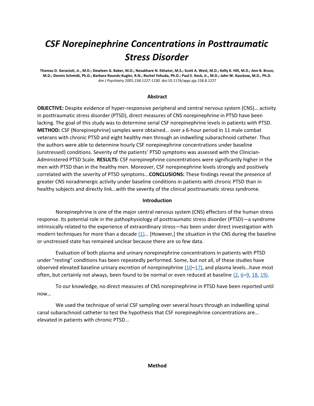 CSF Norepinephrine Concentrations in Posttraumatic Stress Disorder