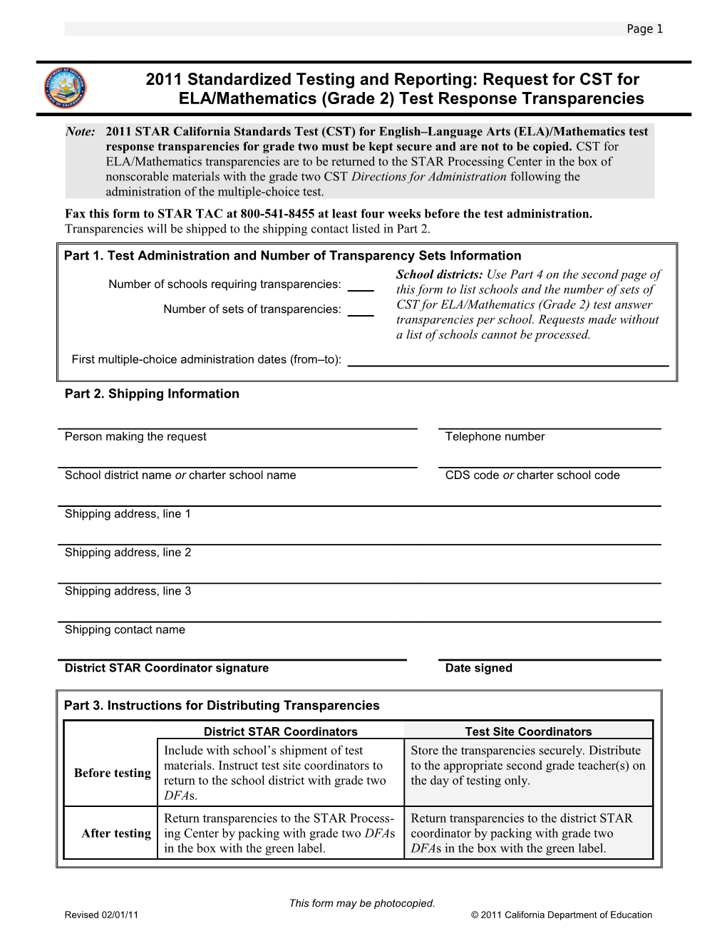 CST Grade 2 ELA/Mathematics Transparencies Request Form