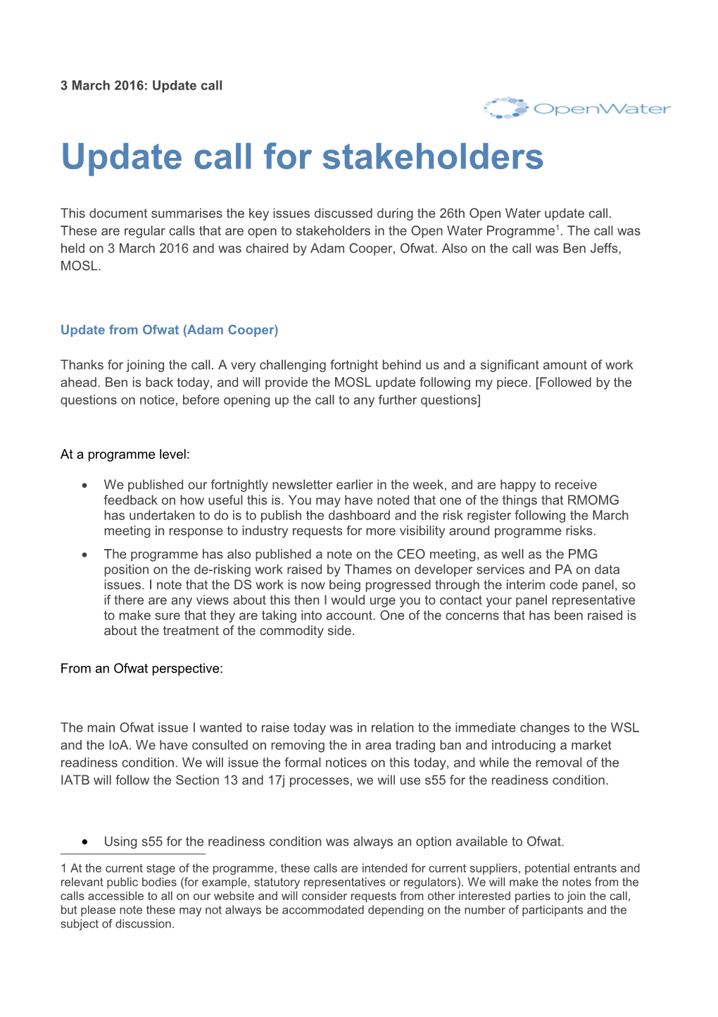 Update Call for Stakeholders