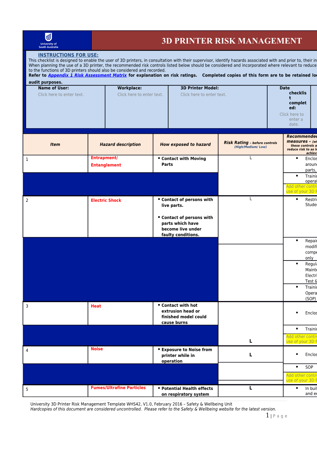 Risk Assessment Matrix the Risk Matrix Below Is Used to Determine the Level of Risk For