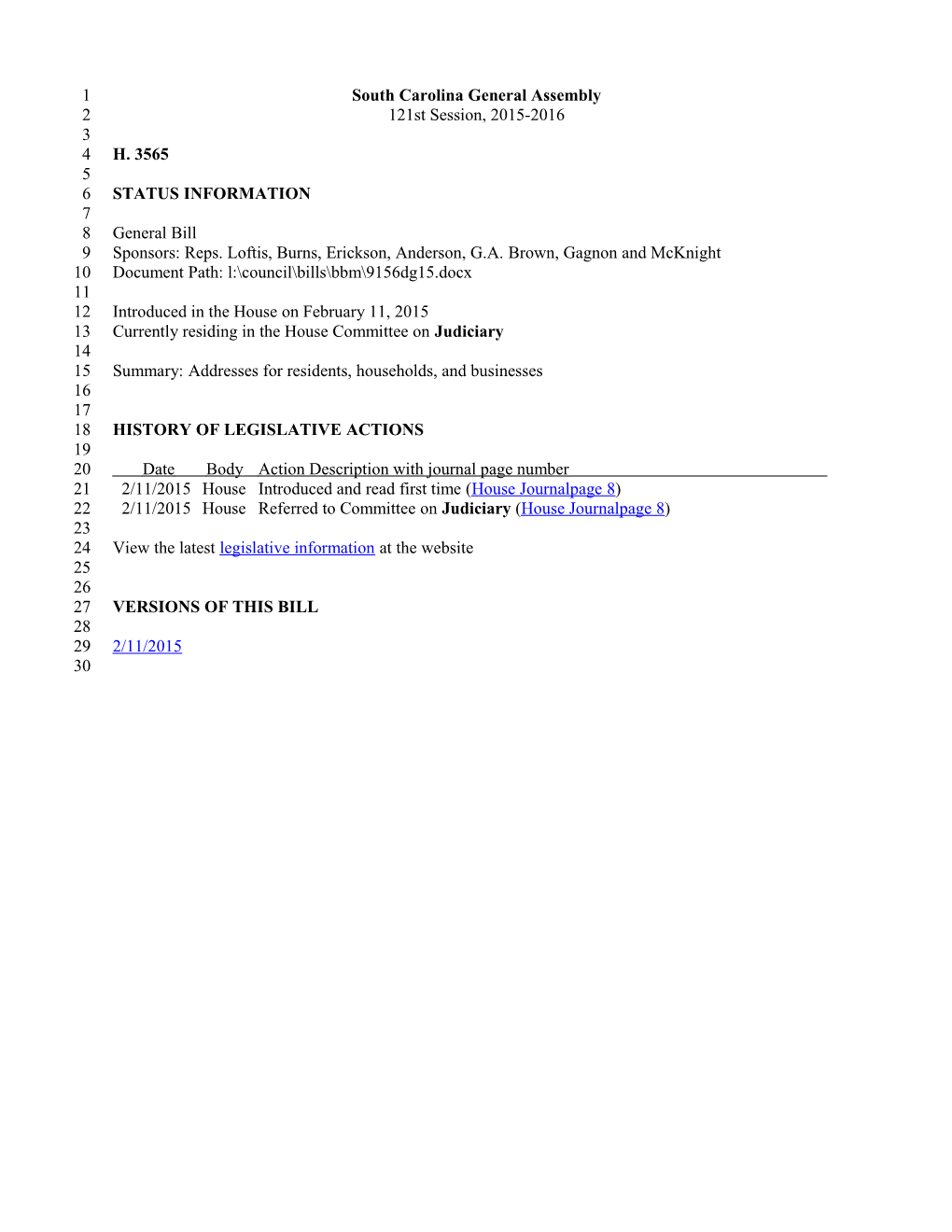 2015-2016 Bill 3565: Addresses for Residents, Households, and Businesses - South Carolina