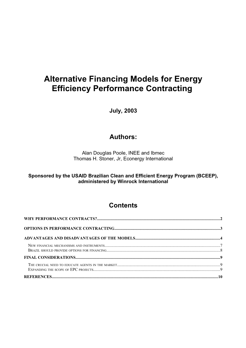 Alternative Financing Models for Energy Efficiency Performance Contracting