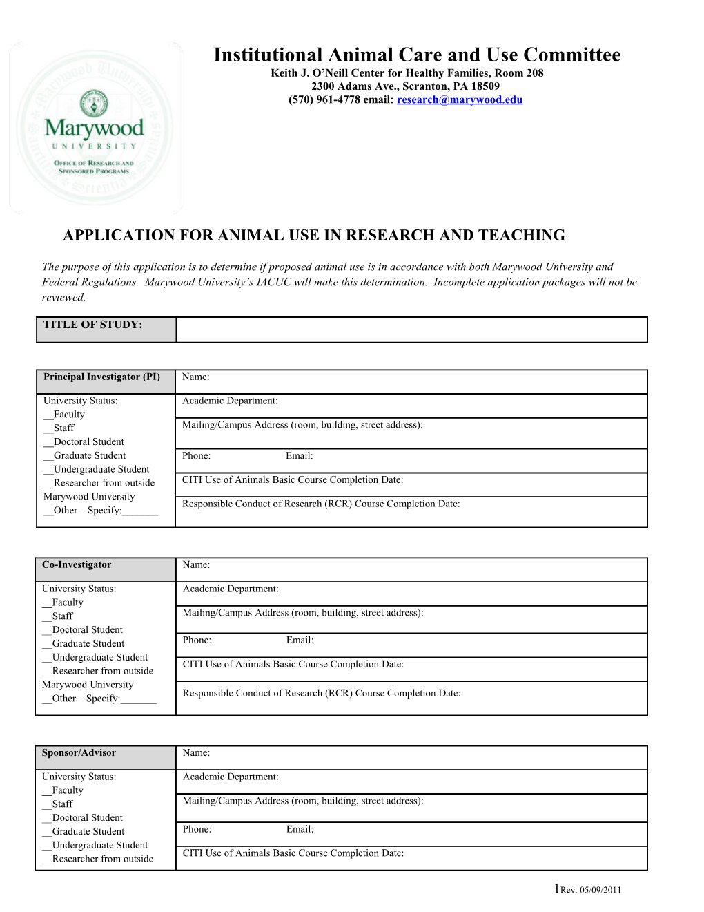 Application to Iacuc for Animal Use in Research and Teaching