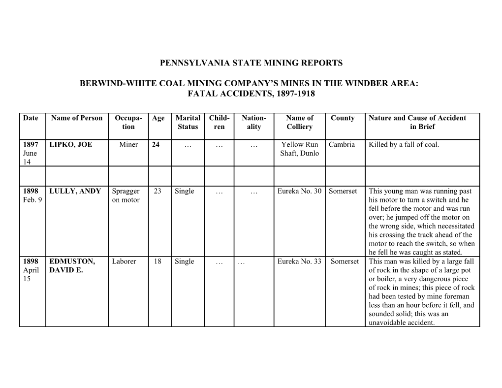 Berwind-White Mines: Fatal Accidents in the Windber Area, 1898-1918 (Continued)