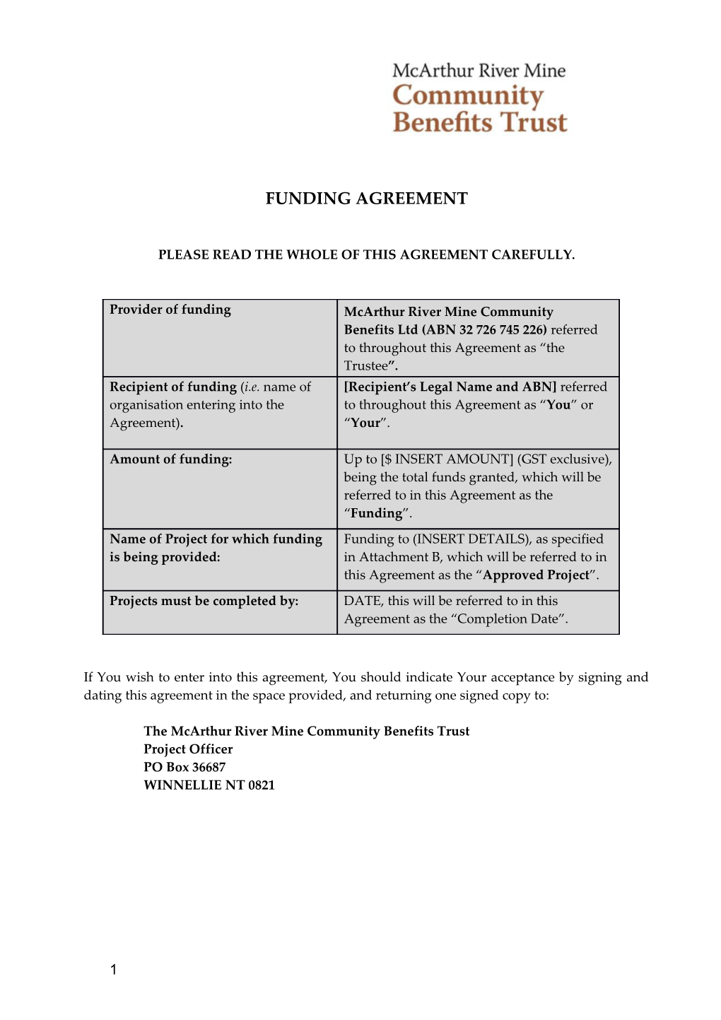 Funding Agreement Template