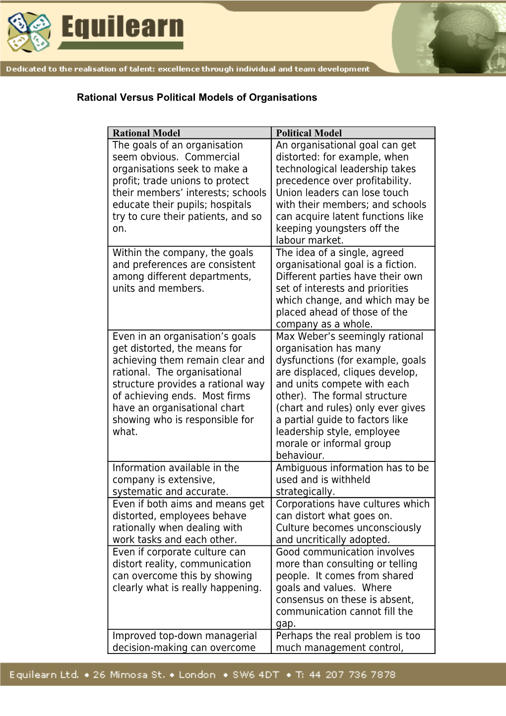 Rational Versus Political Models of Organisations