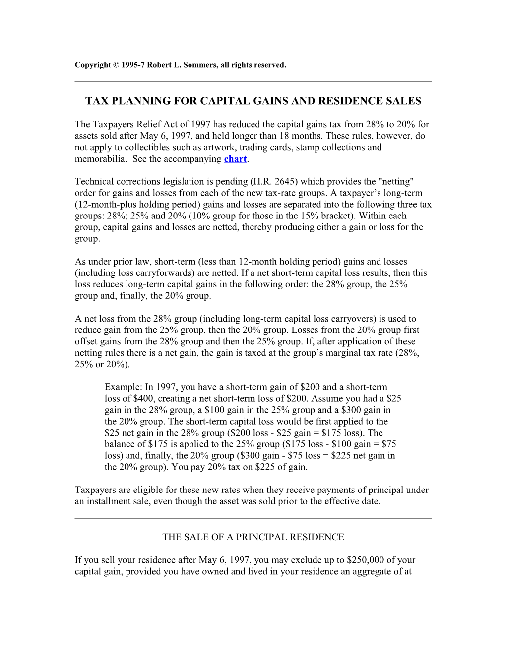 Tax Planning for Capital Gains and Residence Sales