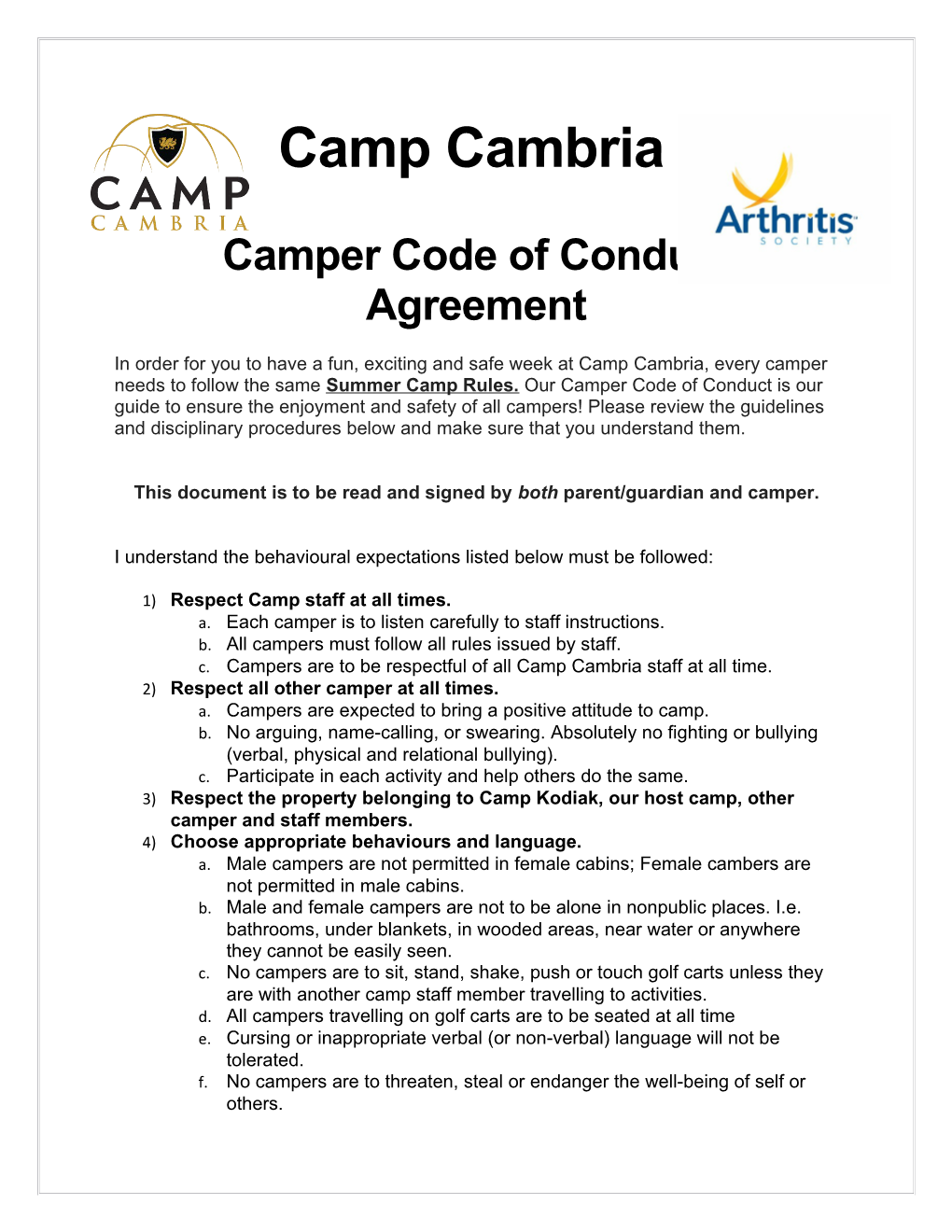 Camper Code of Conduct Agreement