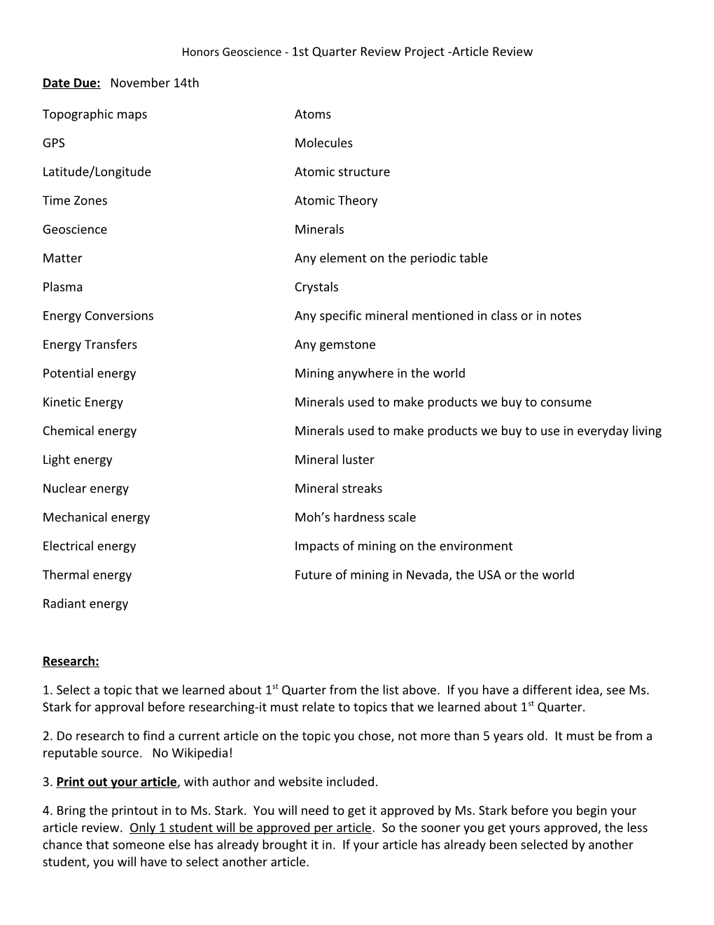 Honors Geoscience - 1St Quarter Review Project -Article Review