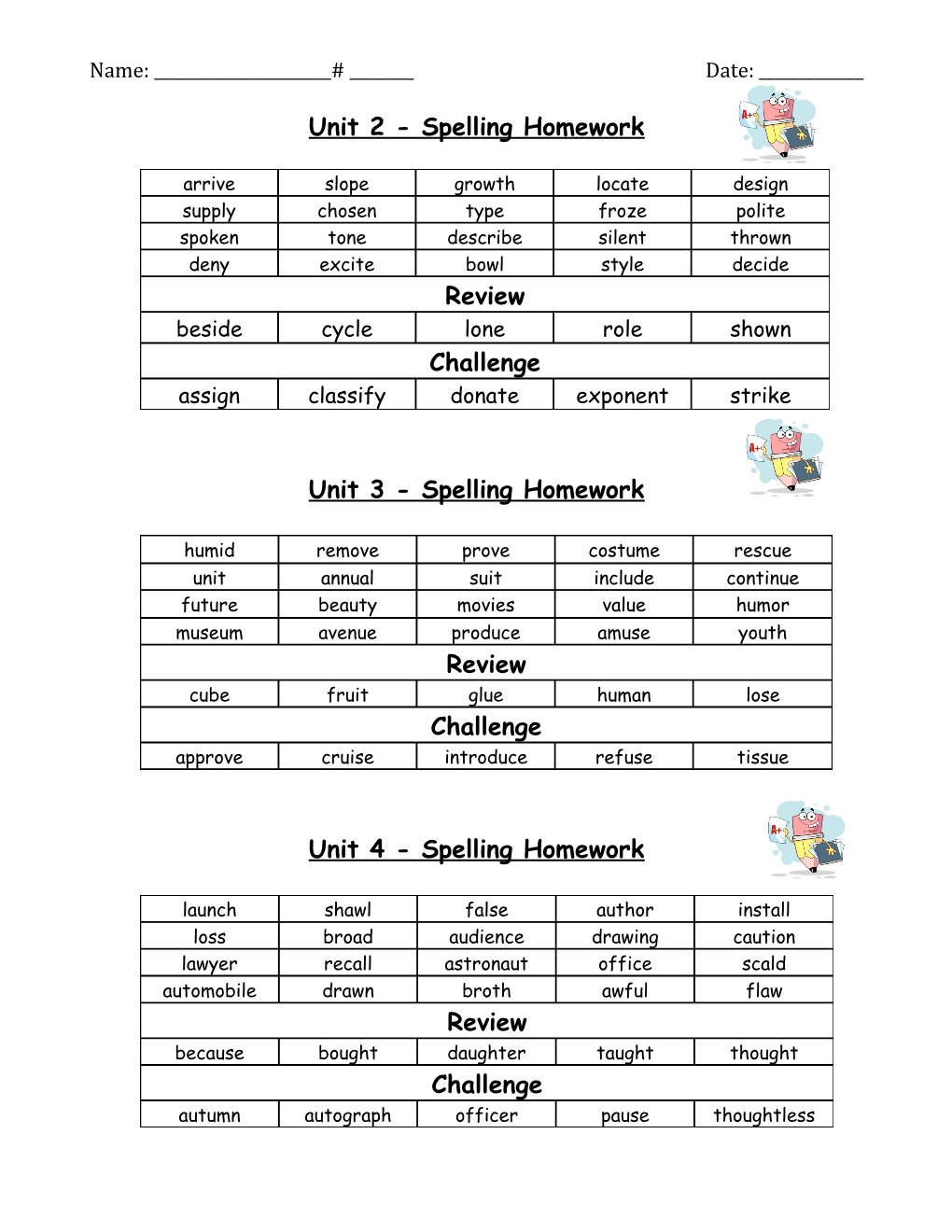 Unit 2 - Spelling Homework