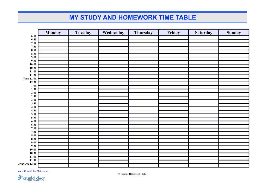 My Study and Homework Time Table