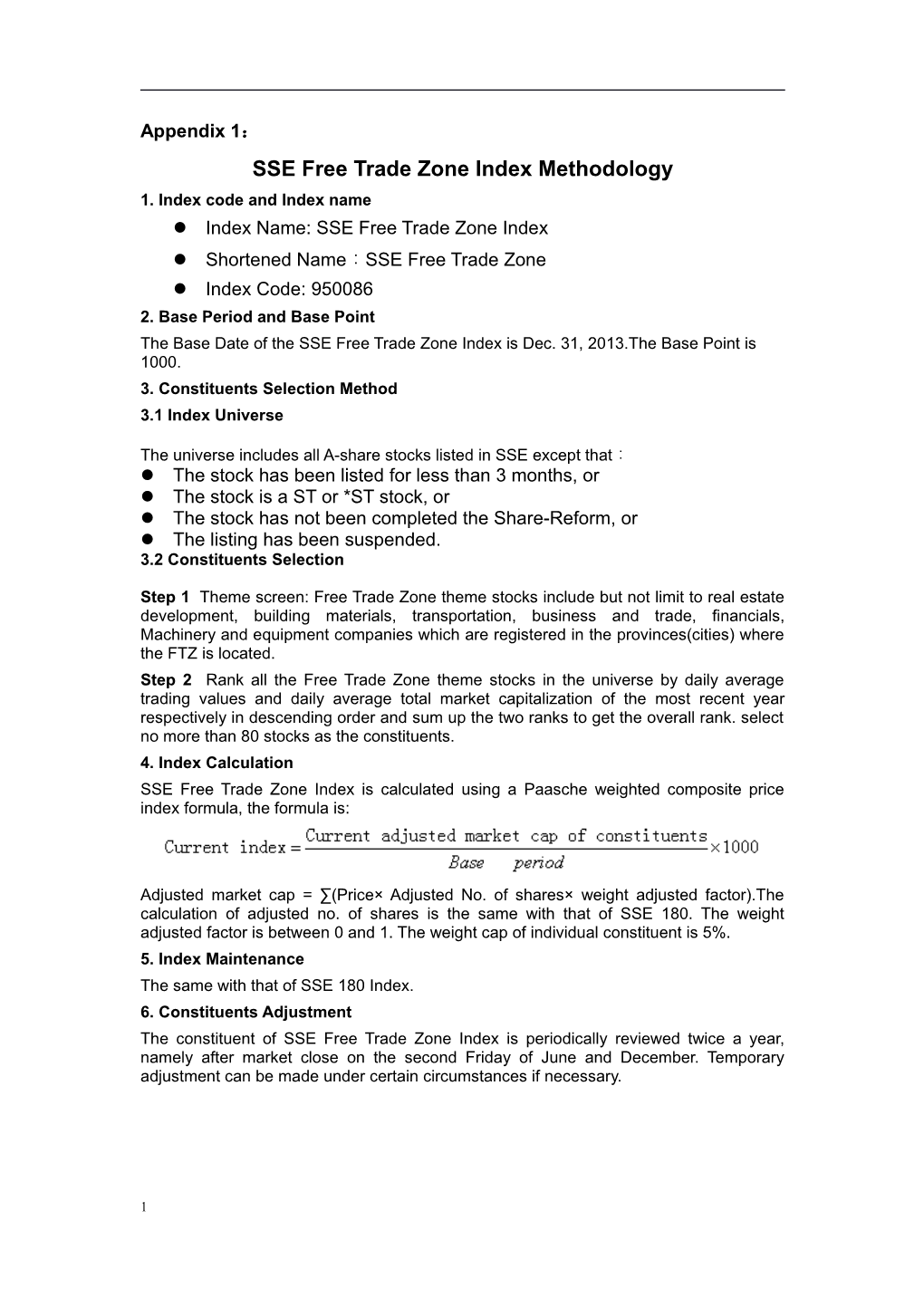 SSE Free Trade Zone Index Methodology