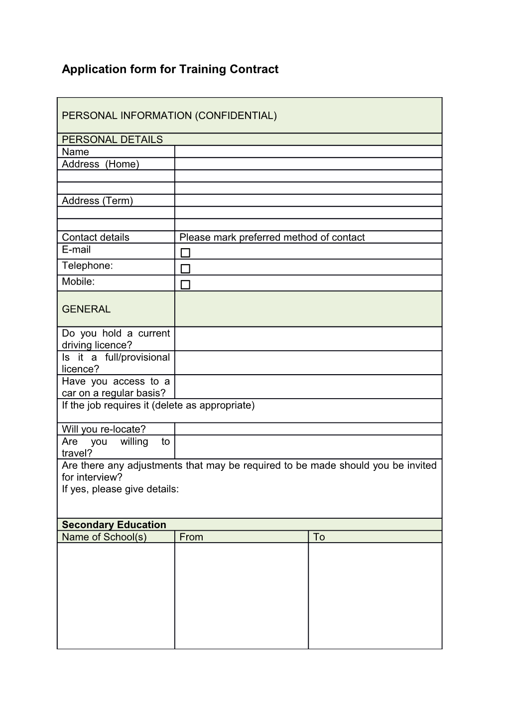 Application Form for Training Contract