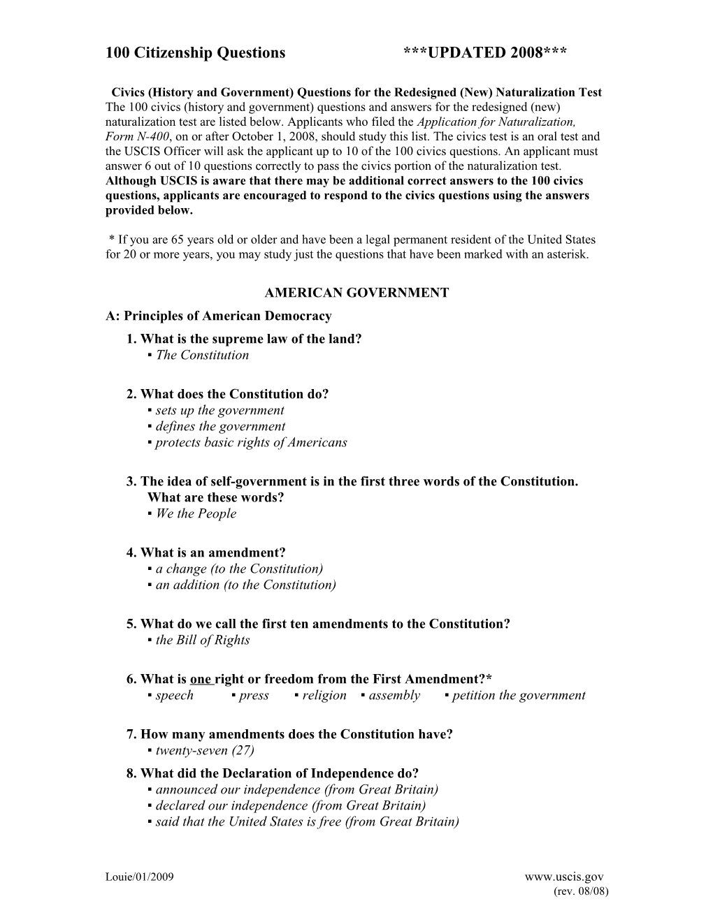 Civics (History And Government) Questions For The Redesigned (New) Naturalization Test