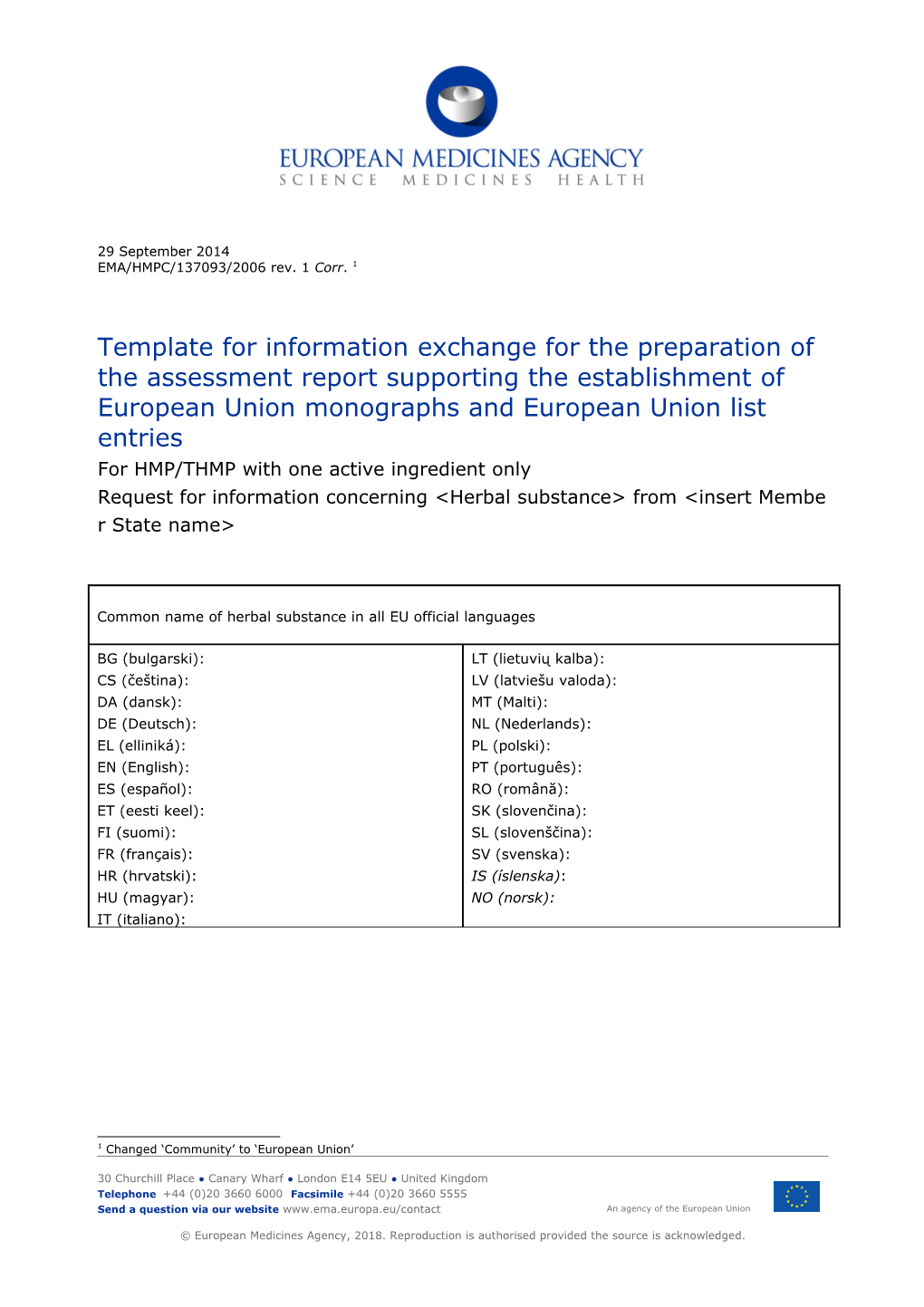 Template for Exchange of Information on Marketed Products for AR Preparation