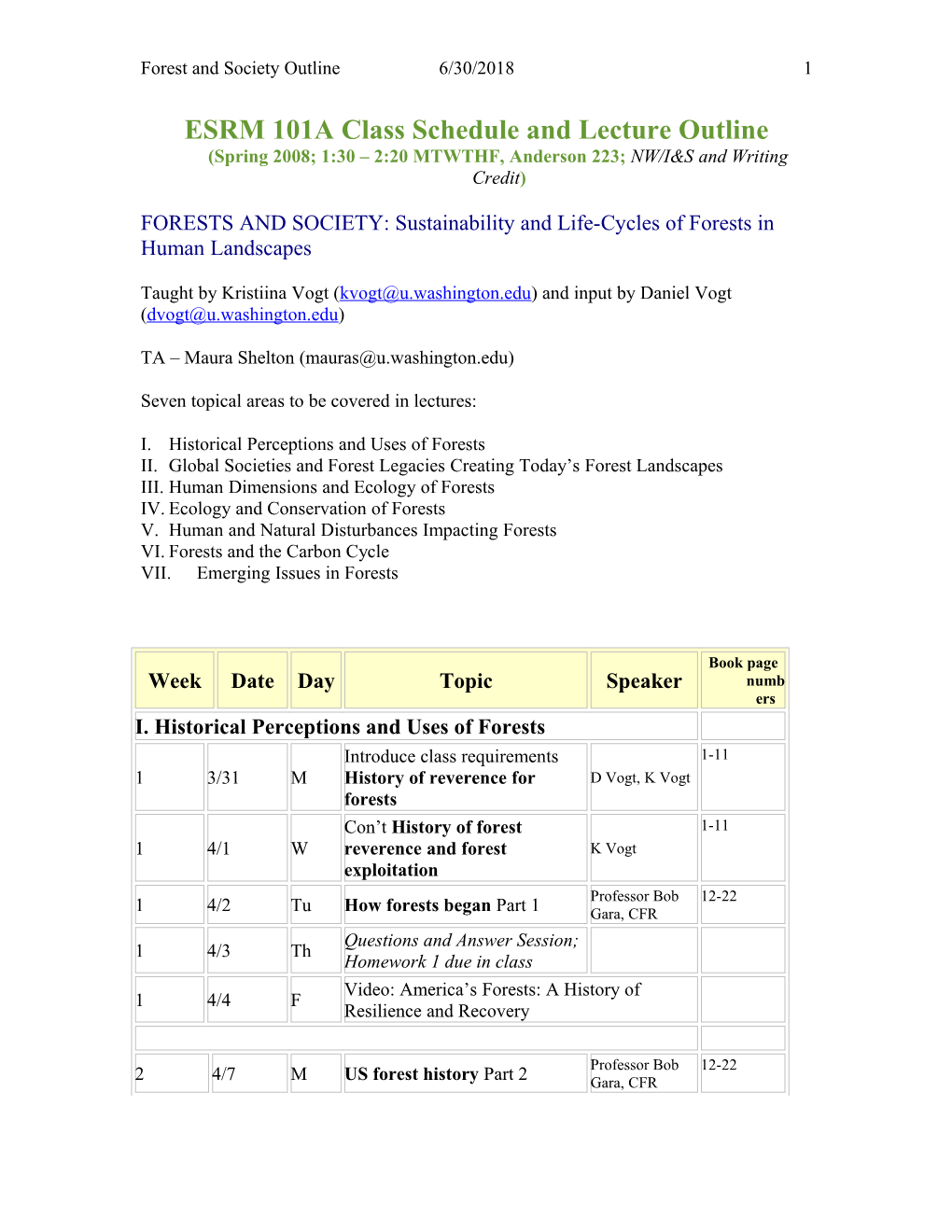 Class Schedule and Lecture Outline