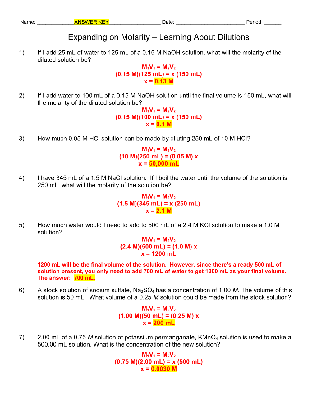 Expanding on Molarity Learning About Dilutions