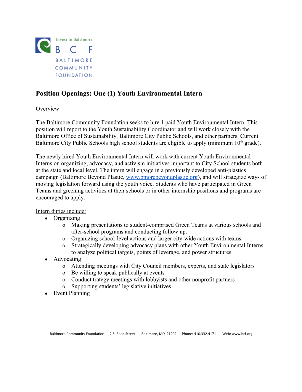 Position Openings: One (1) Youth Environmental Intern