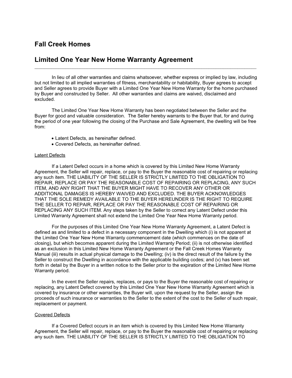 Limited One Year New Home Warranty Agreement