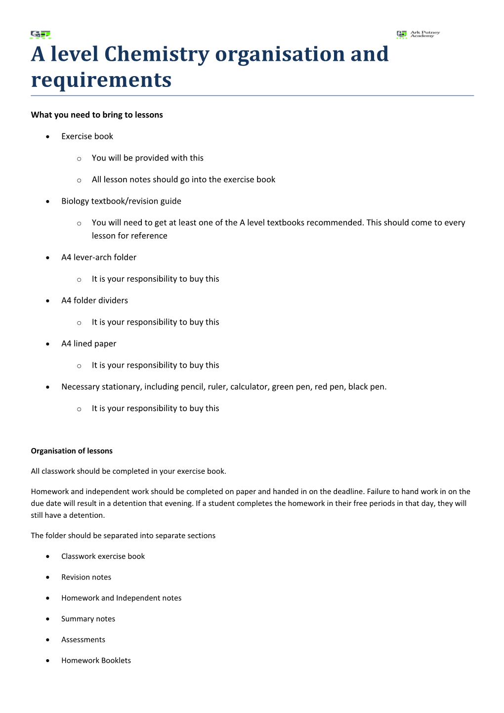 A Level Chemistry Organisation and Requirements