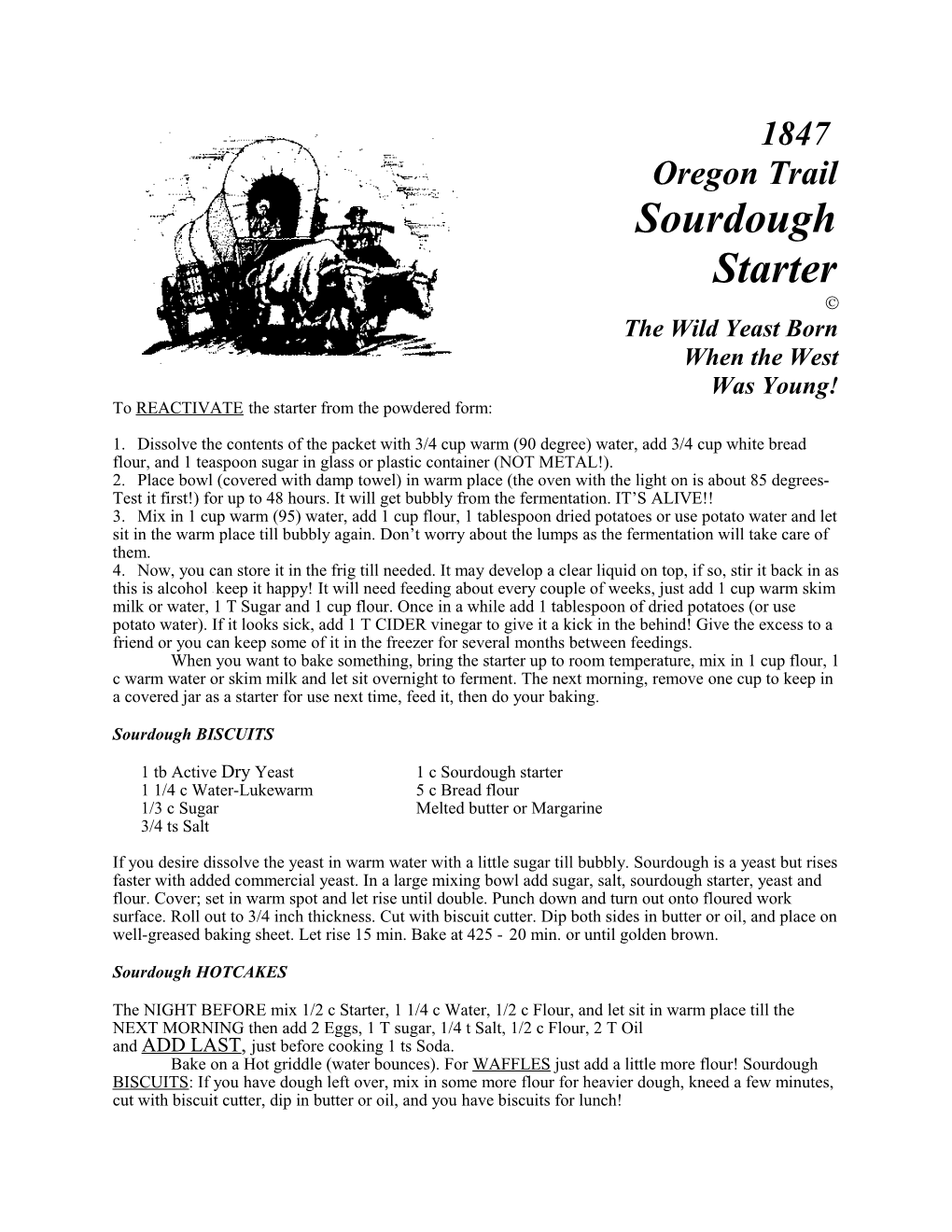 1847 Oregon Trail Sourdough Brochure