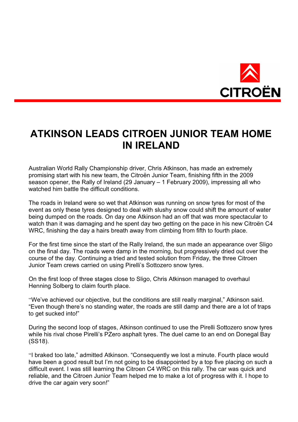 Atkinson Leads Citroen Junior Team Home in Ireland