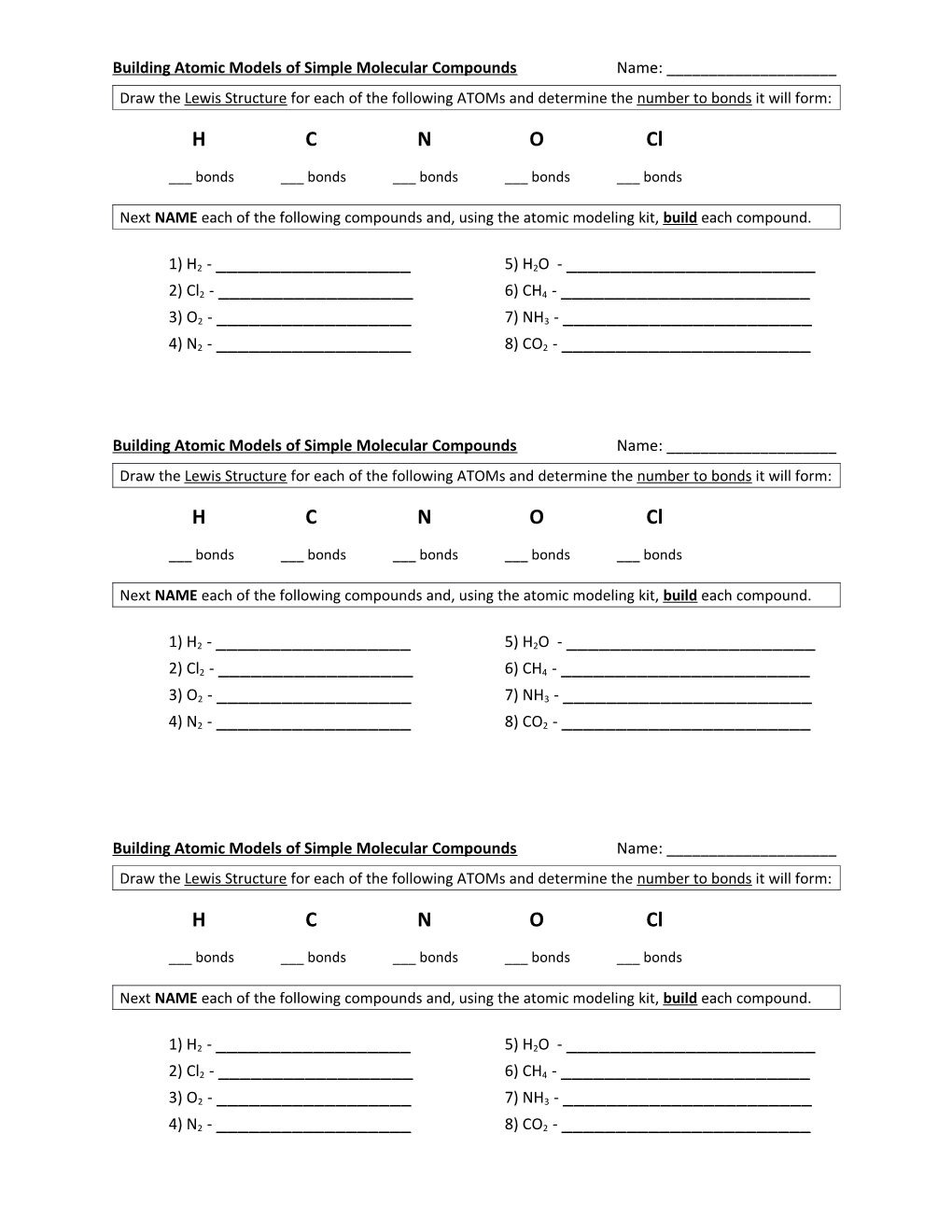 Building Atomic Models of Simple Molecular Compounds Name: ______