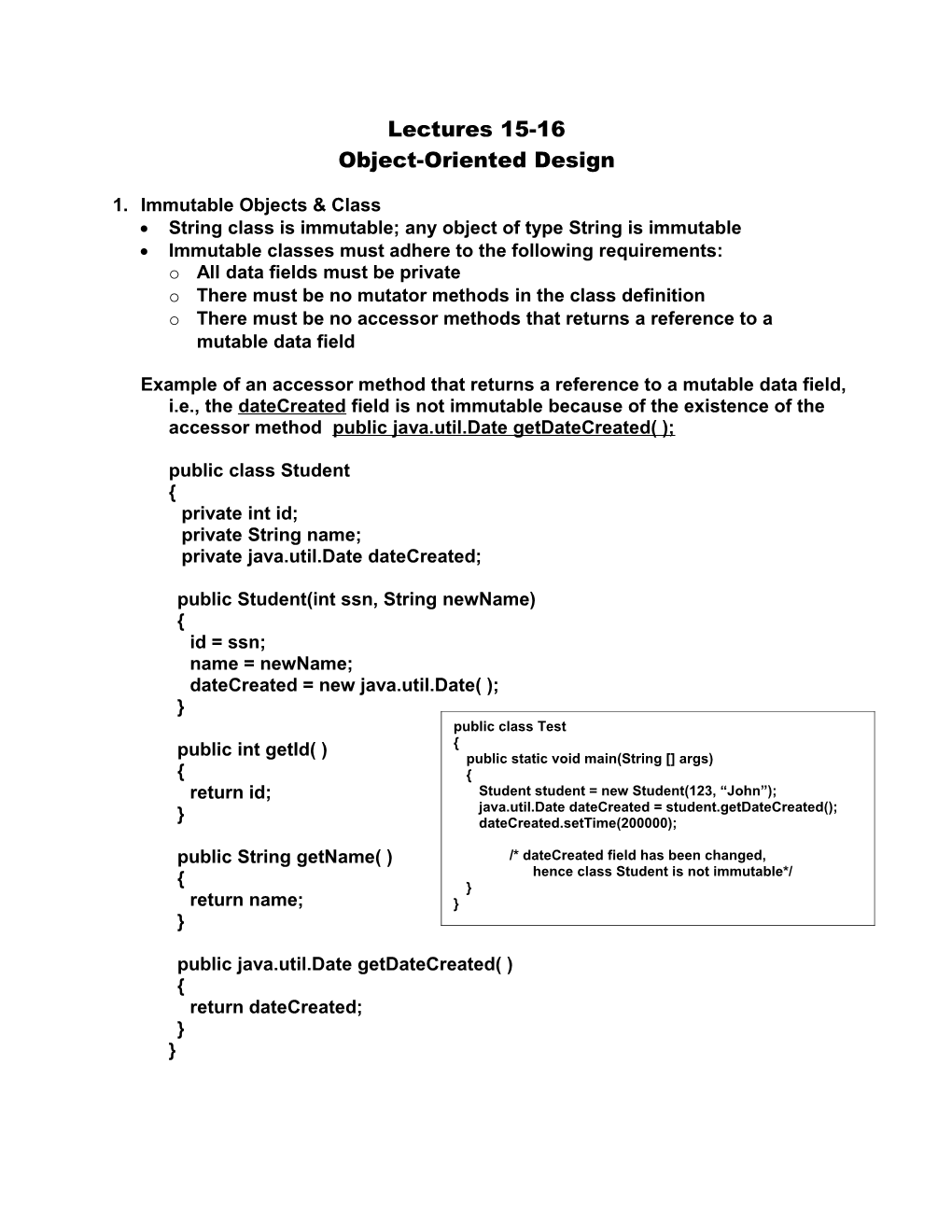 1. Immutable Objects & Class