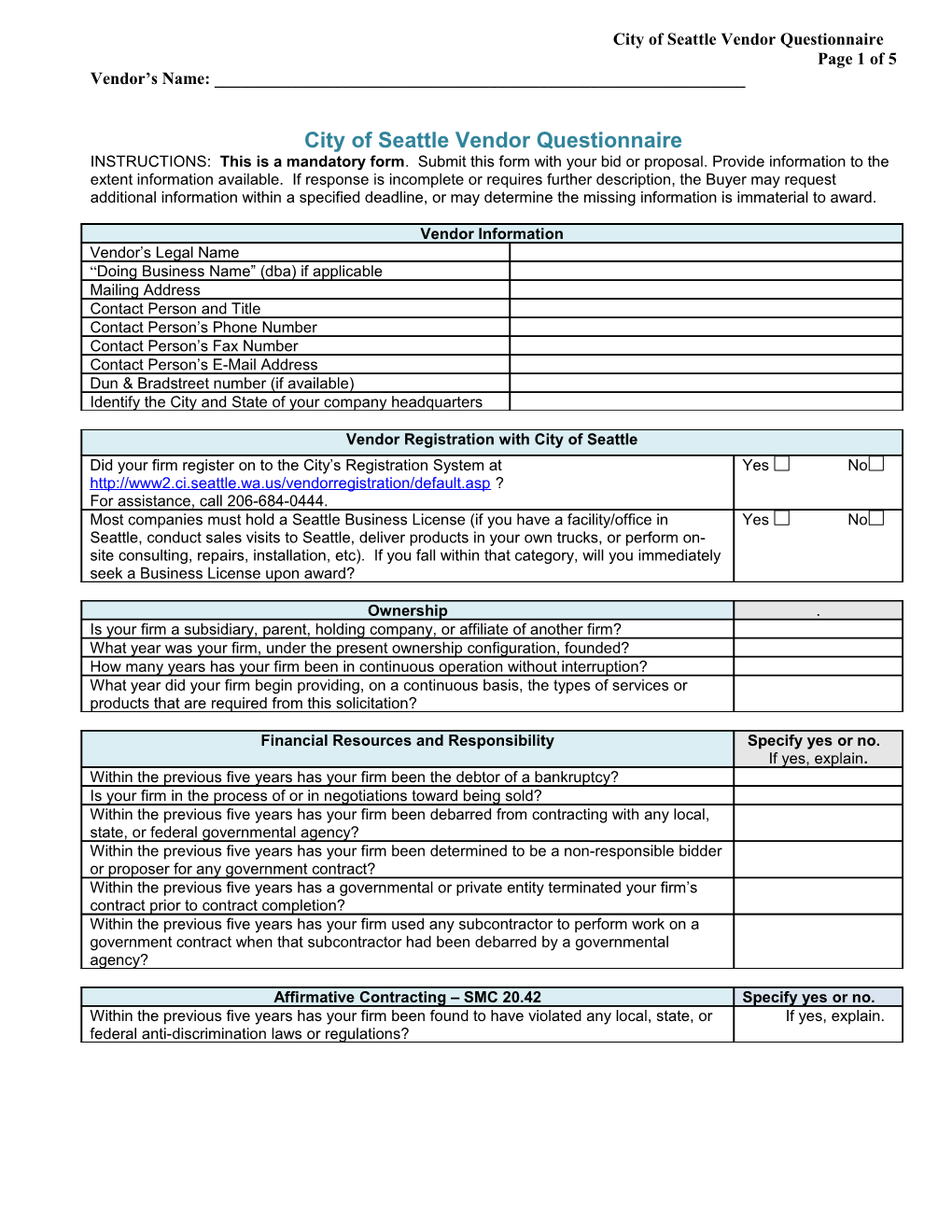 City of Seattle Vendor Questionnaire