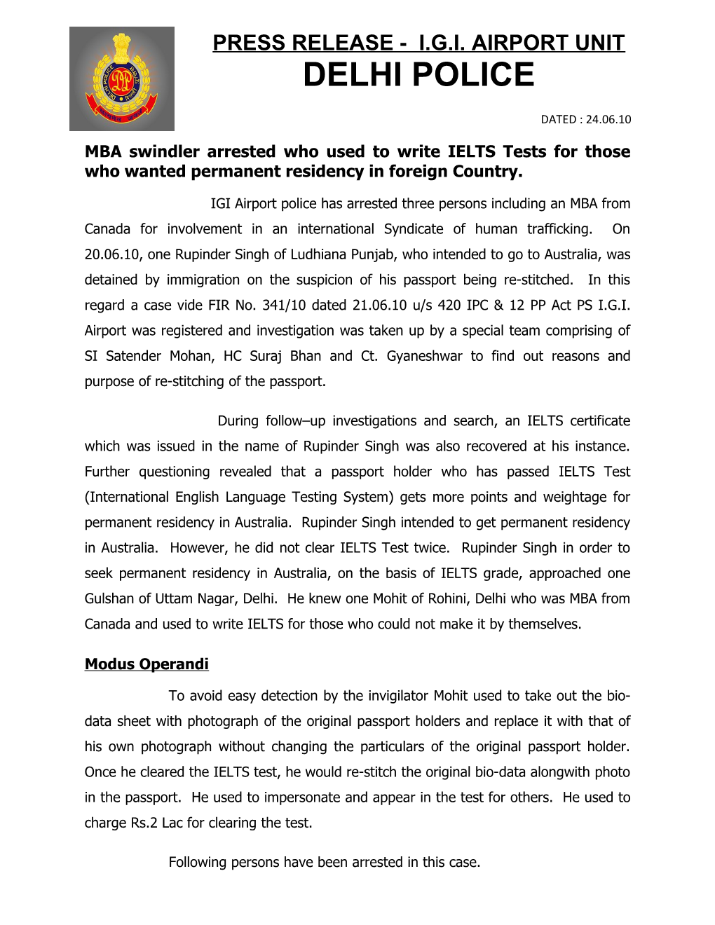 Press Release - I.G.I. Airport Unit