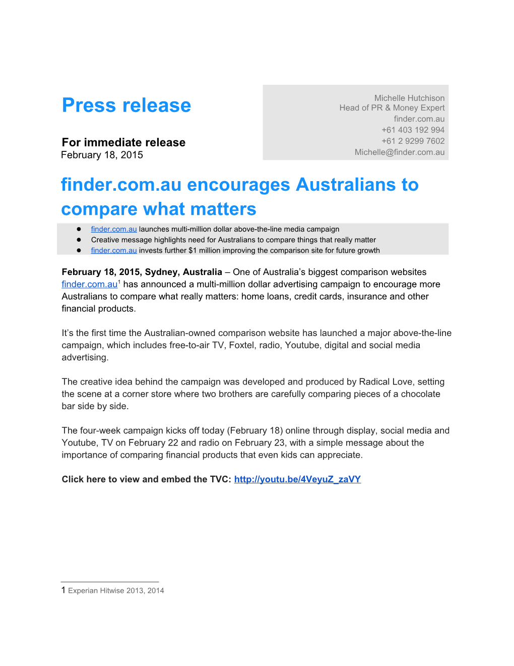 FIN PR Press Release Finder.Com.Au Encourages Australians to Compare What Matters