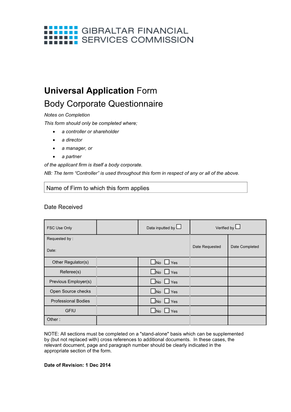 Universal Application Form for Financial Services Authorisation