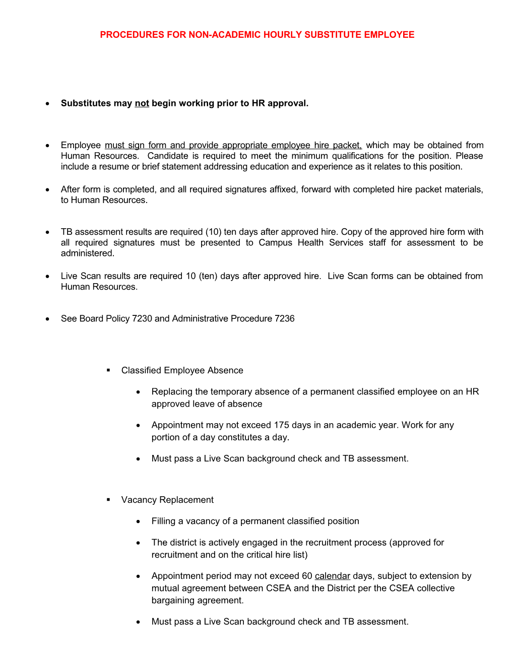 Procedures for Non-Academic Hourly Substitute Employee