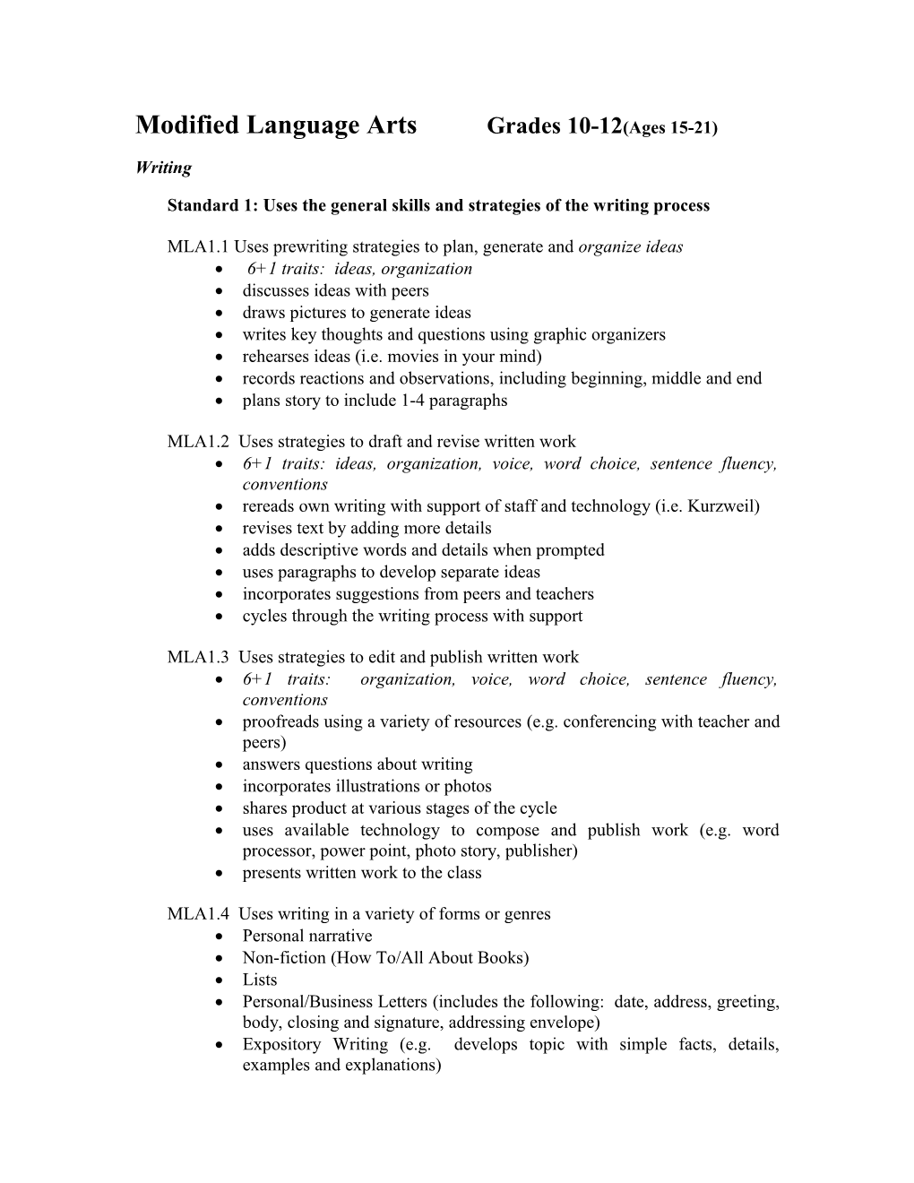 Modified Language Arts Grades 10-12(Ages 15-21)