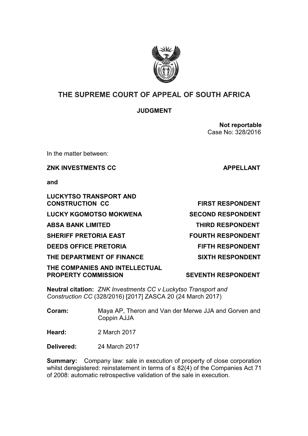 The Supreme Court of Appeal of South Africa s20