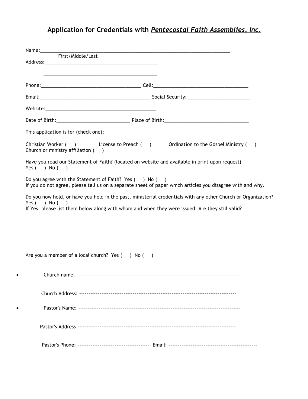 Application For Credentials With Pentecostal Faith Assemblies, Inc