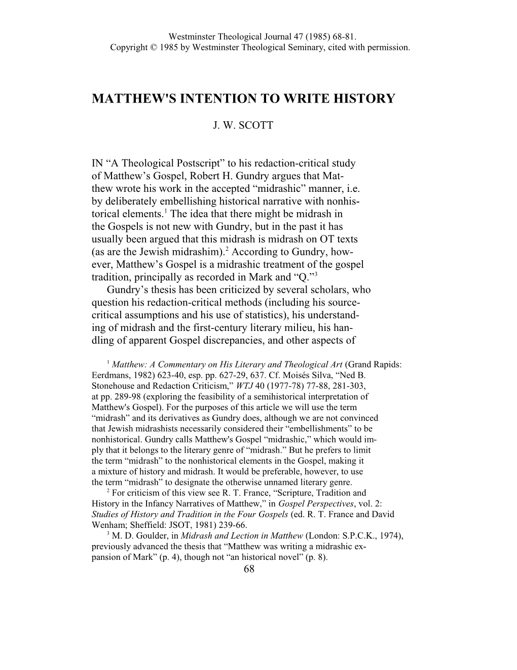 Matthew's Intention to Write History