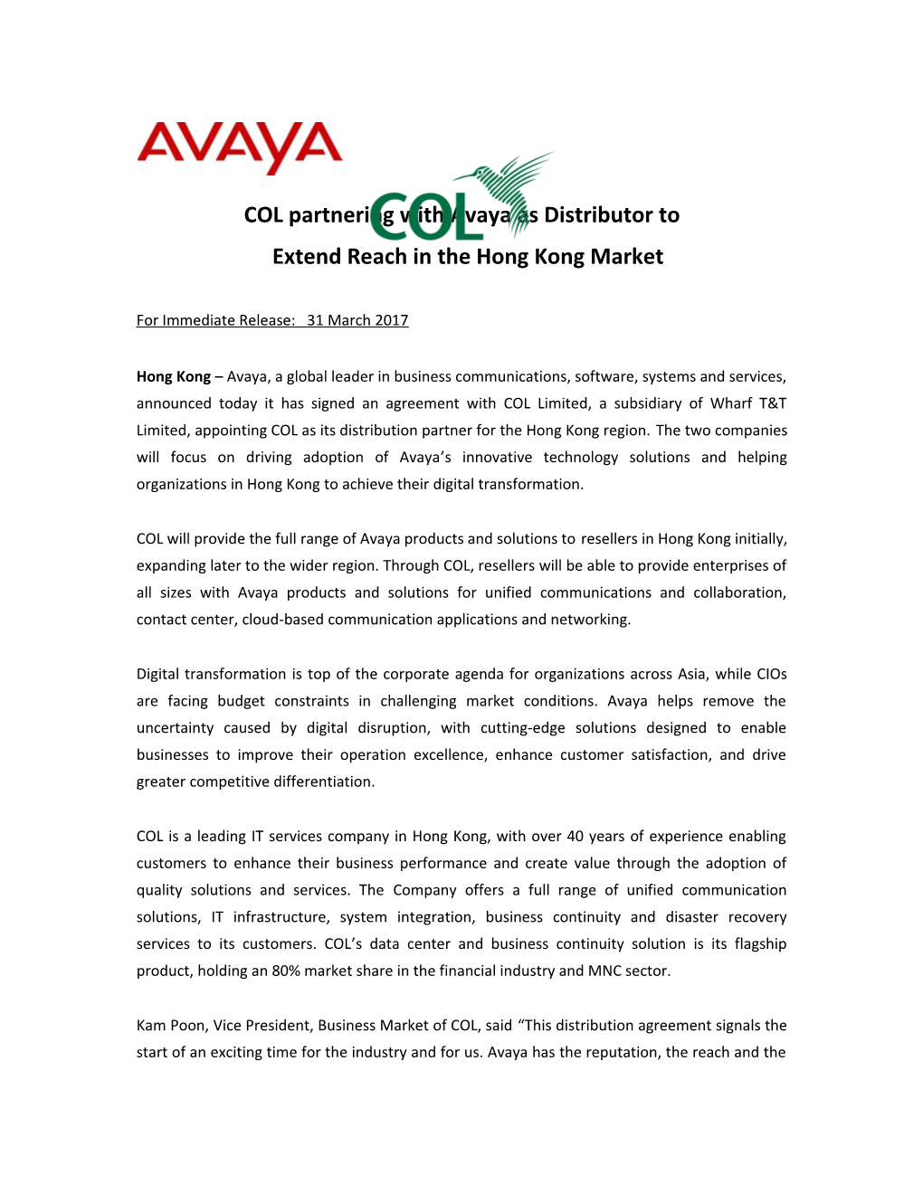 COL Partnering with Avaya As Distributor To