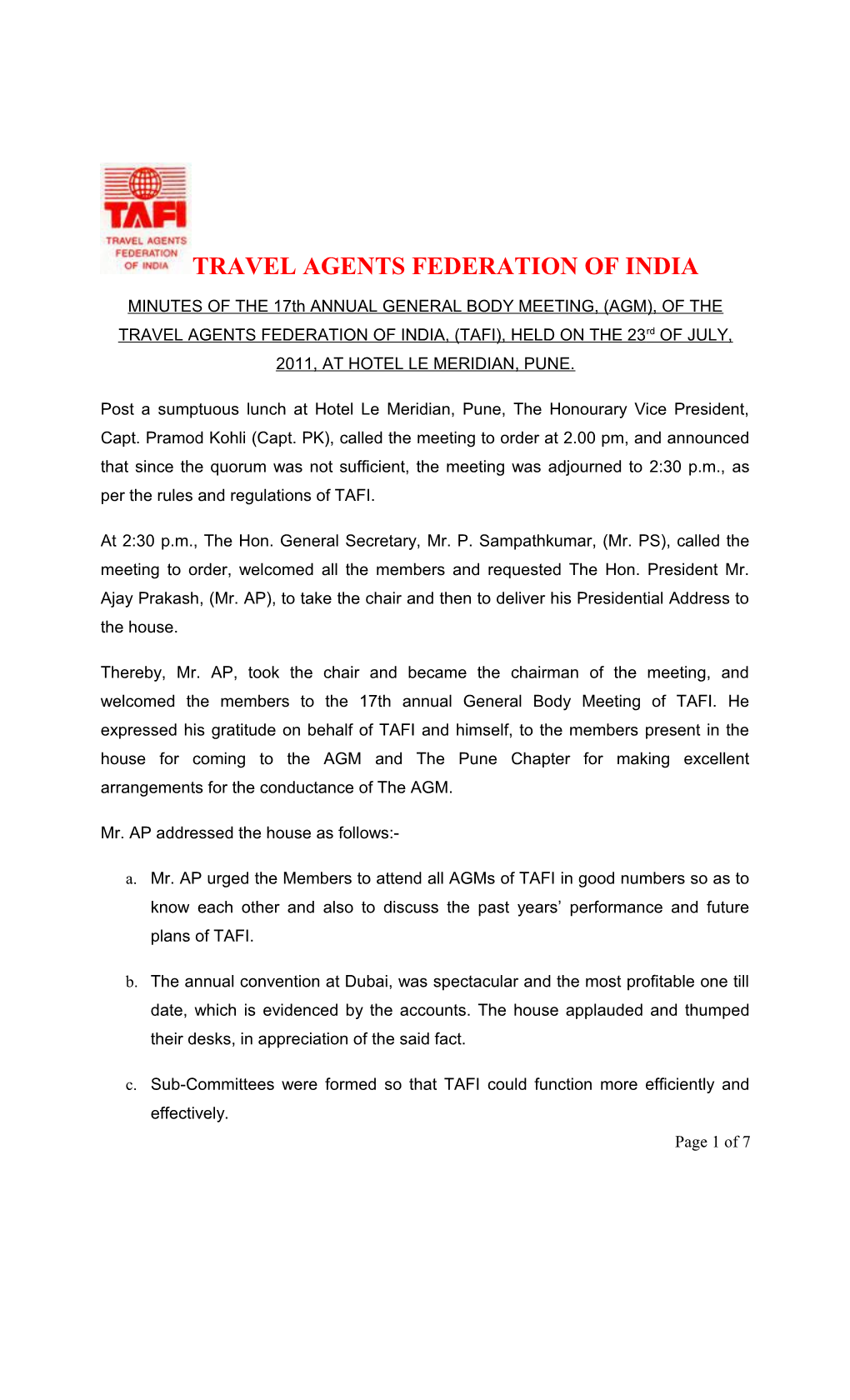 Minutes of the Extraordinary General Body Meeting of the Travel Agents Federation of India