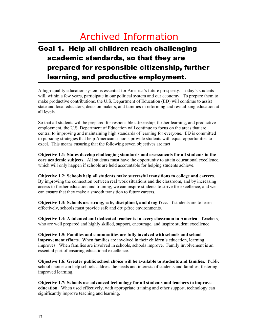 Archived: Goal 1 - Help All Children Reach Challenging Academic Standards, So That They