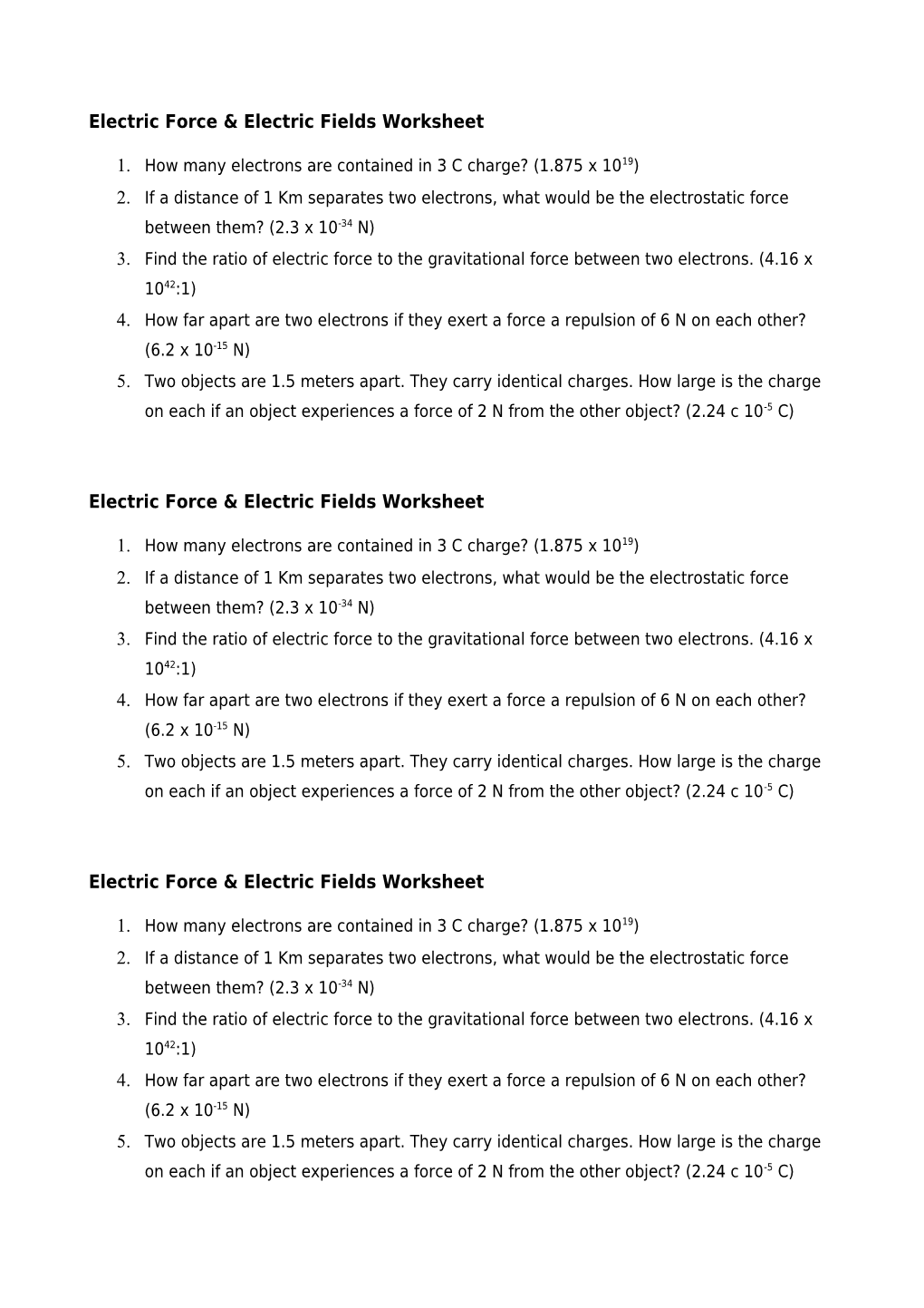 Electrostatics, Electric Fields & Electric Potential Problems Worksheet