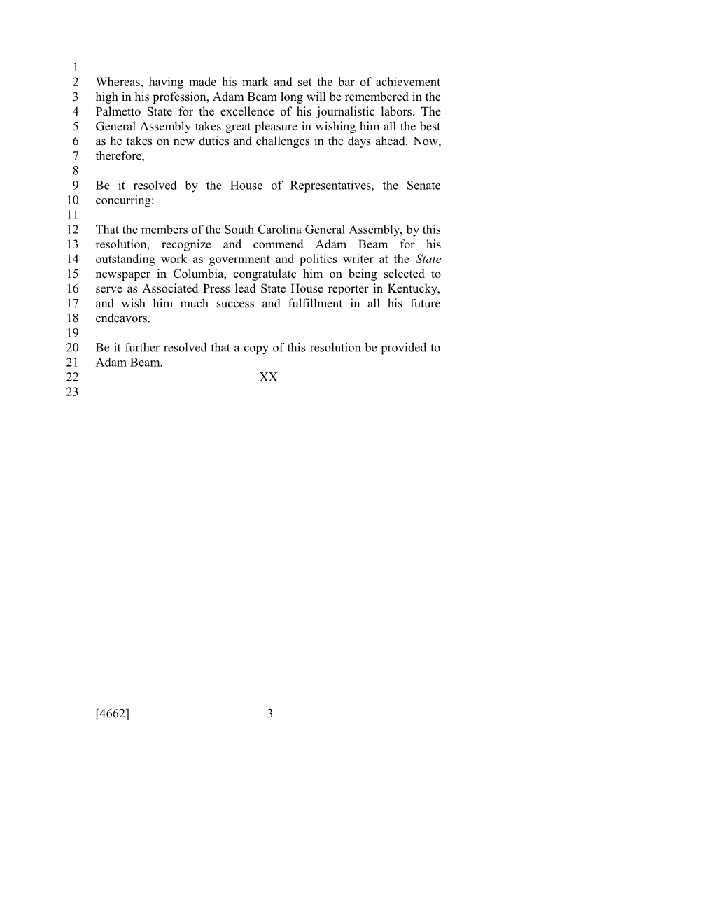 2013-2014 Bill 4662: Adam Beam - South Carolina Legislature Online