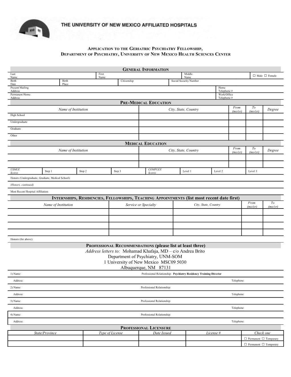 Application to the Geriatric Psychiatry Fellowship