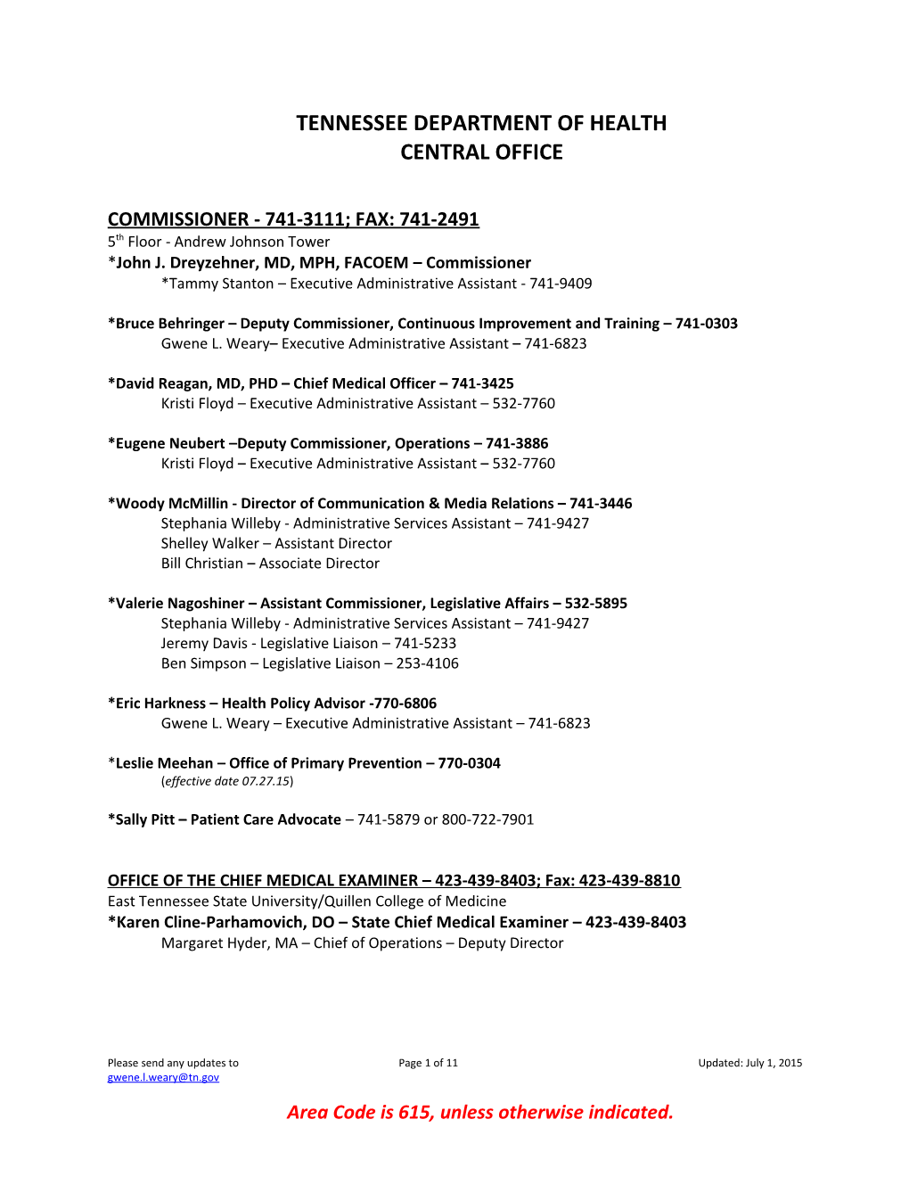 TDOH Bureau Phone List