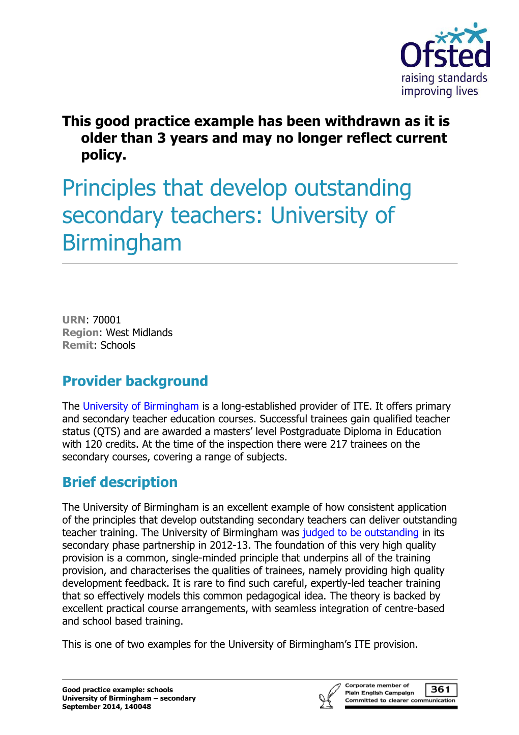 Principles That Develop Outstanding Secondary Teachers: University of Birmingham