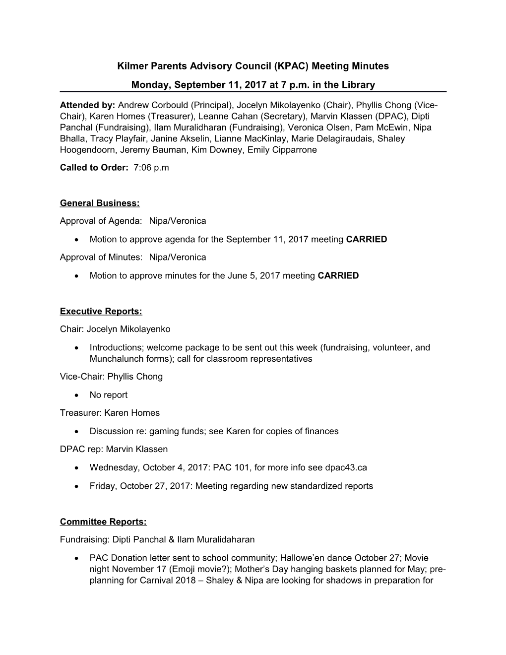 Kilmer Parents Advisory Council (KPAC) Meeting Minutes