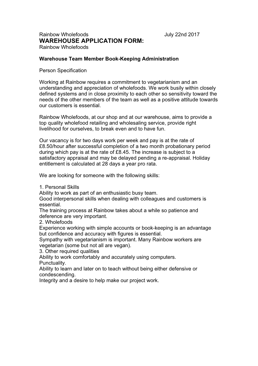 Warehouse Team Member Book-Keeping Administration