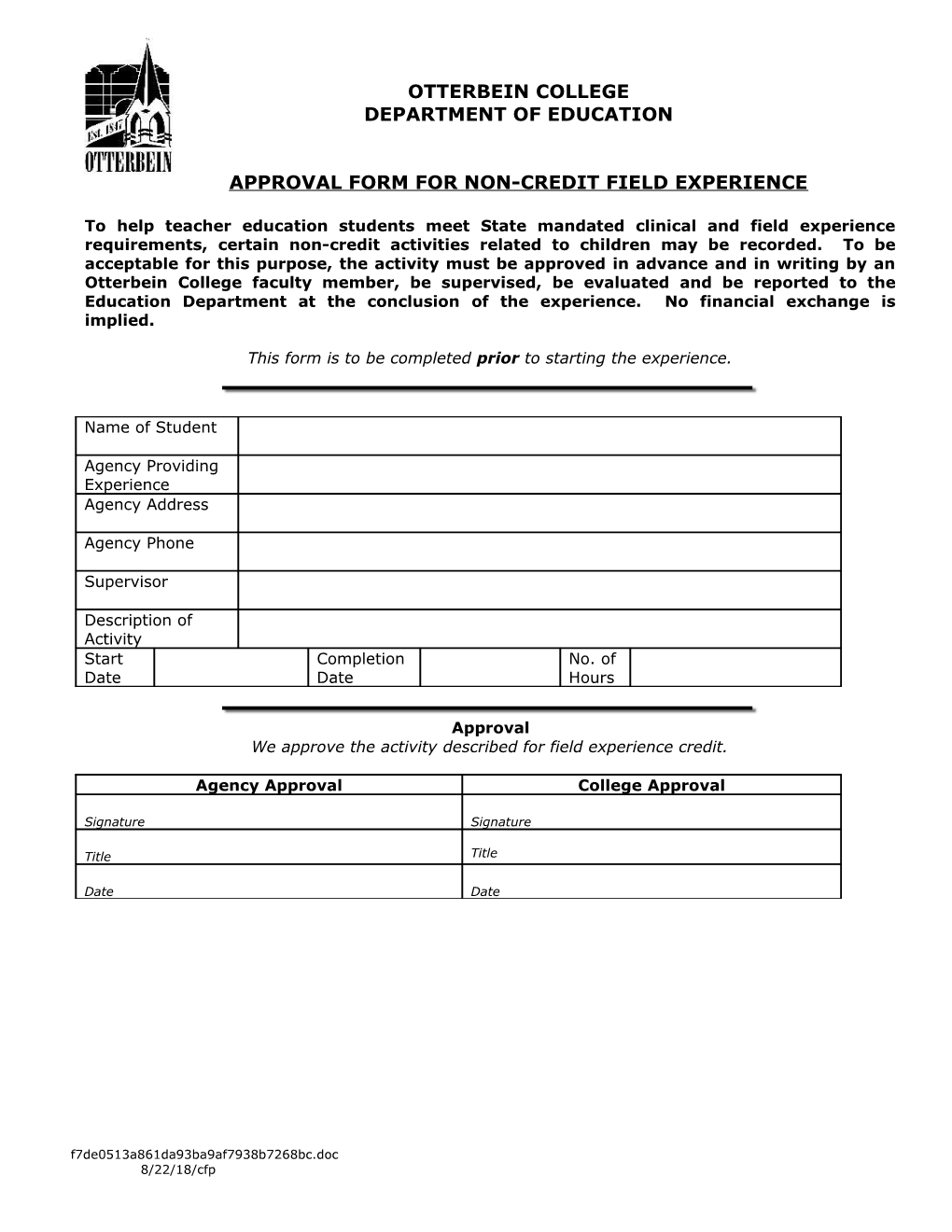 Approval Form for Non-Credit Field Experience