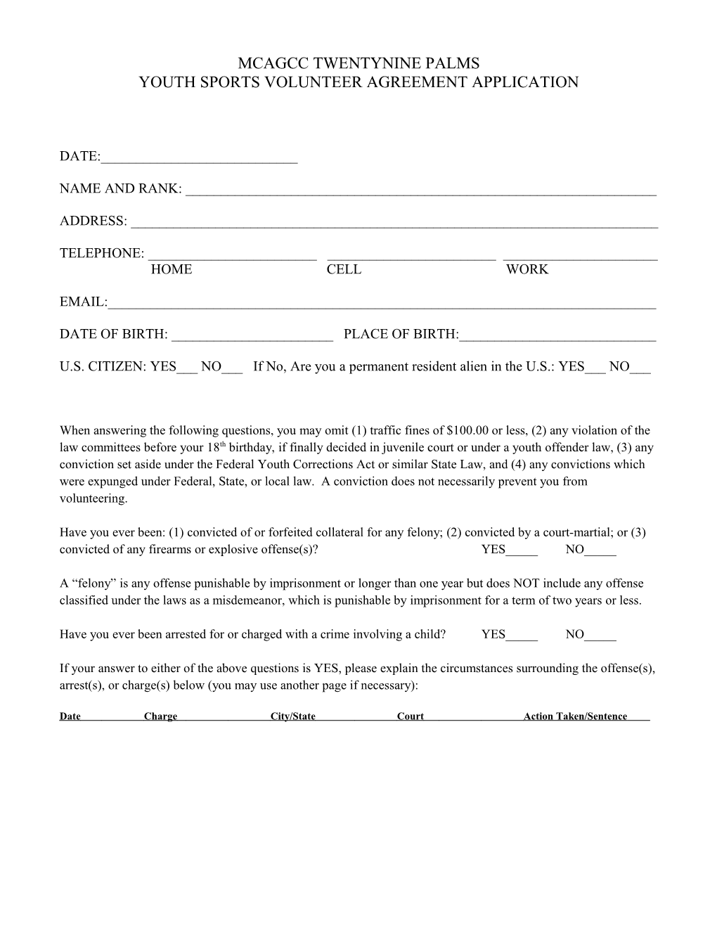Youth Sports Volunteer Agreement Application
