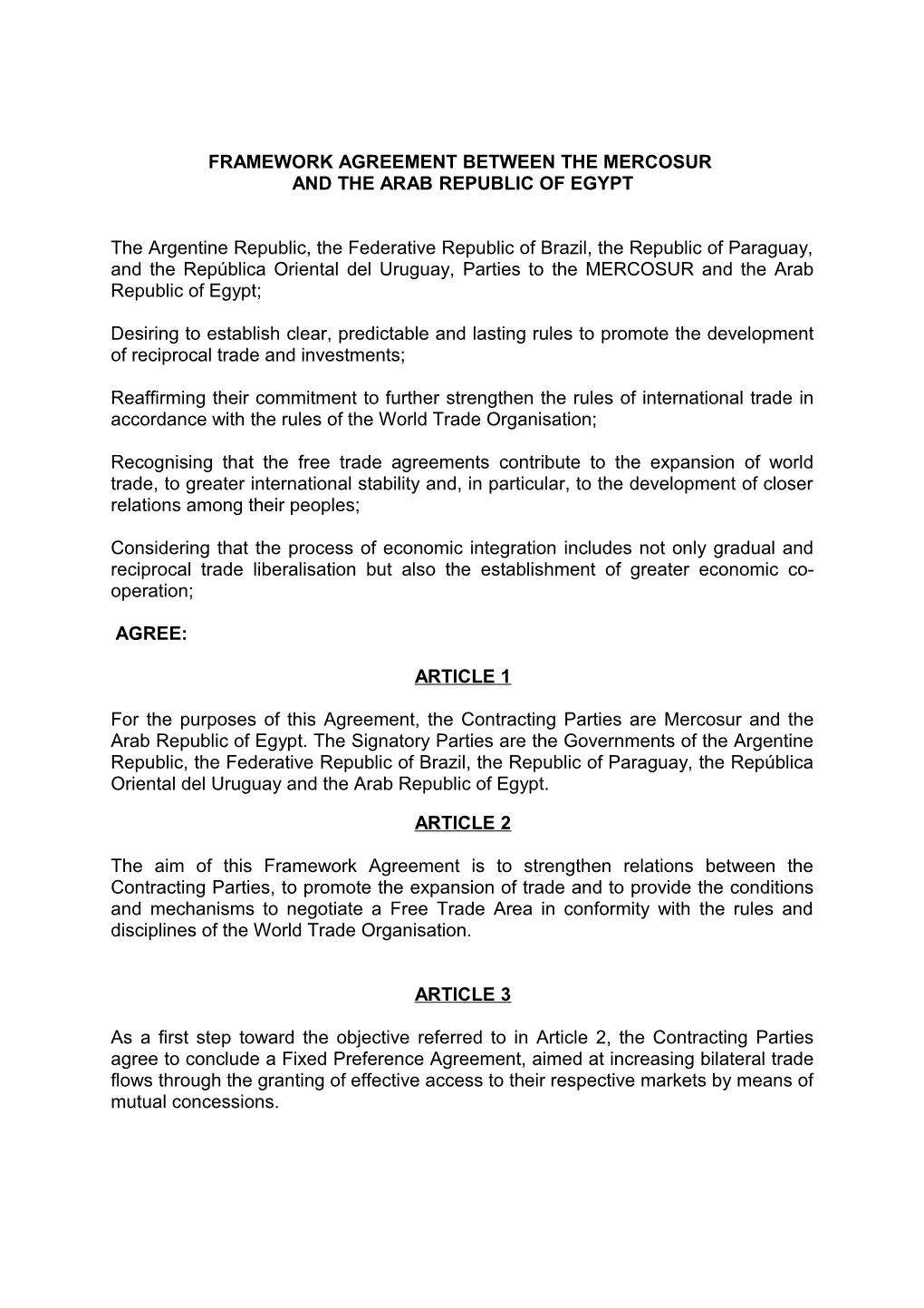 Draft Framework Agreement Between Mercosur and the Republic of South Africa
